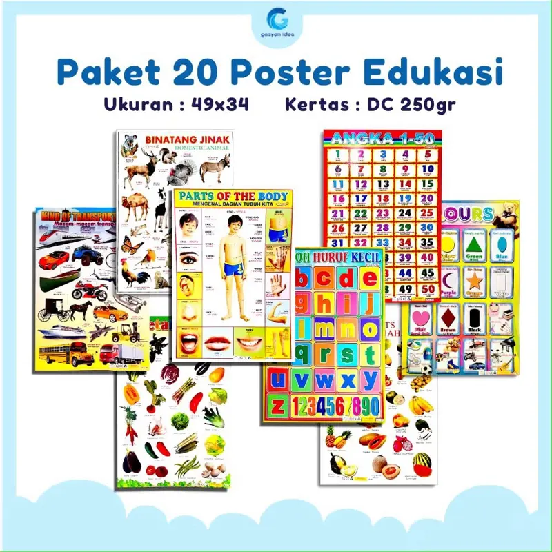 Paket Poster Edukasi Anak Lengkap Belajar Gambar Dinding Estetik Buah Sayur Angka Bintang Murah 3