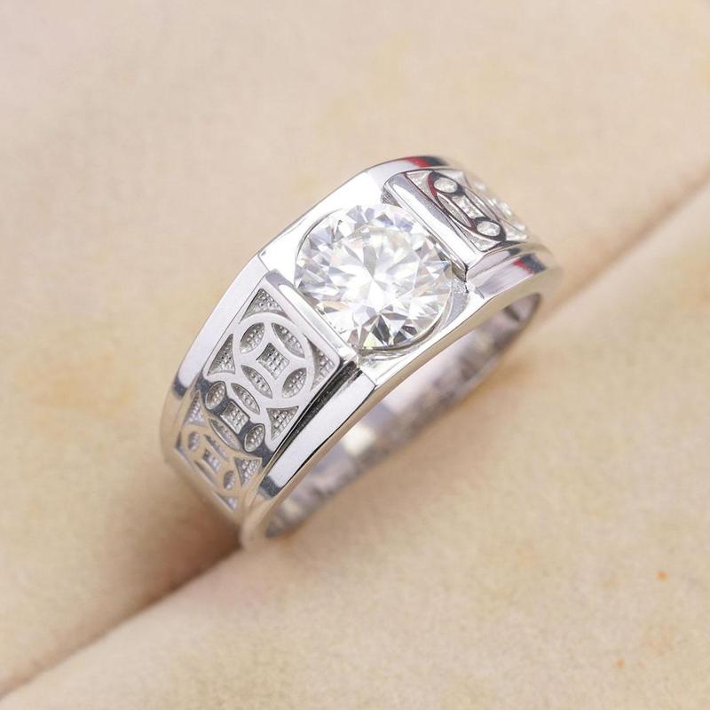  Nhẫn nam kim tiền gắn Moissanite 8 ly cao cấp NNAM0240 xi bạch kim - có kiểm định GRA 
