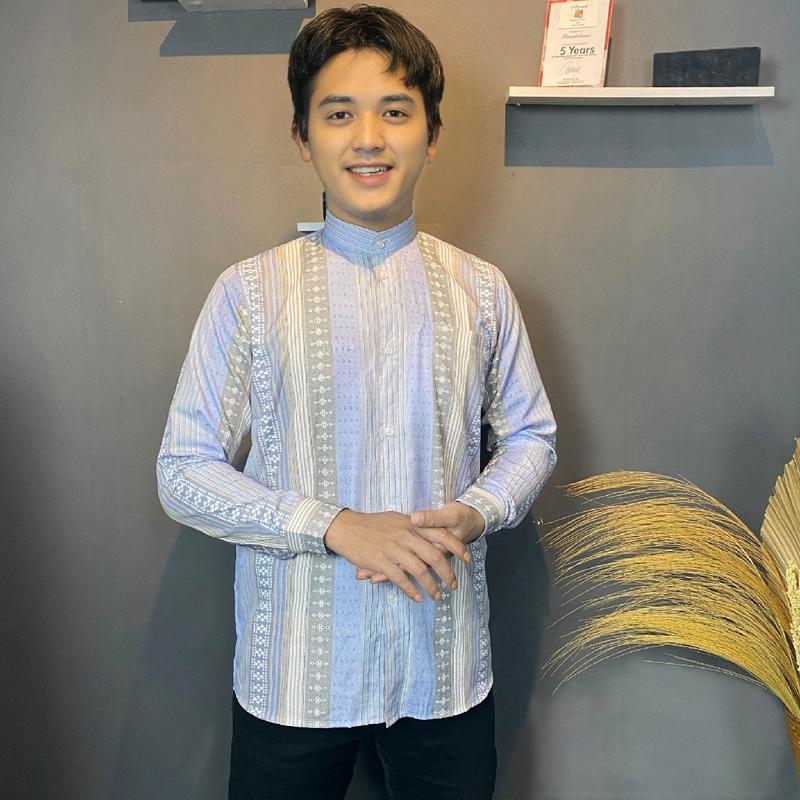 HM - Kemeja koko pria Dewasa lengan panjang Motif salur Batik, Atasan baju lebaran Keren Muslim terbaru 2025.Katun Formal Casual Santai 6