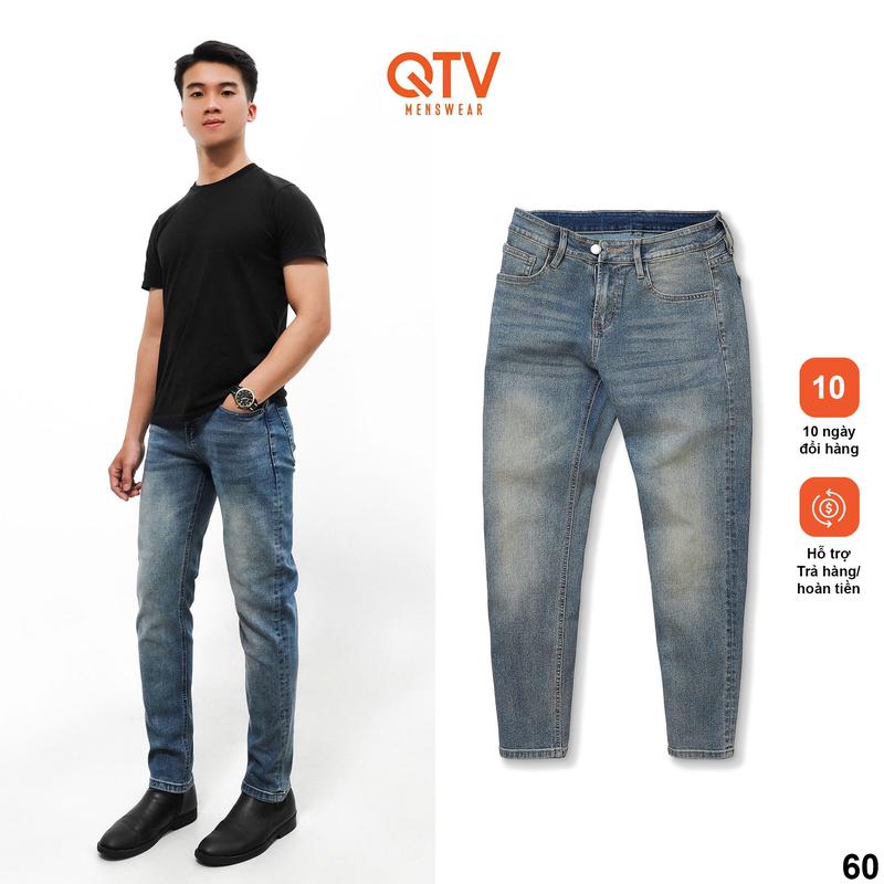 [QTV2] Quần jean nam co giãn form slim fit, màu xanh lam phủ dơ nhẹ_Q60 Pants Menswear Có Túi Cotton Denim