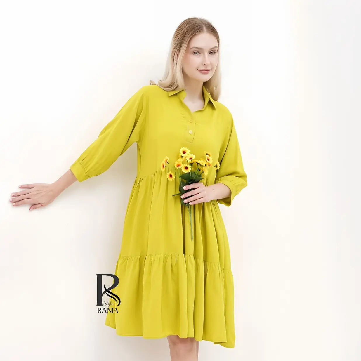 RANIA- MIDI DRESS ADENA casual rayon dress fashion wanita lengan panjang kancing