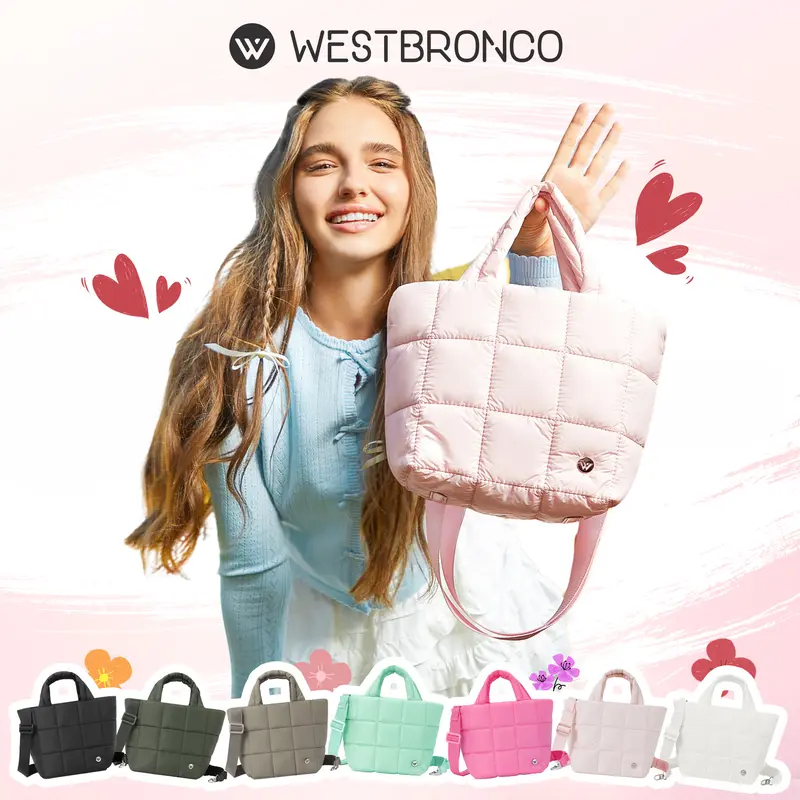 WESTBRONCO [PUFFER POMPOM BAG]  Tas Kecil Puffer Quilted Pompom Bag Selempang Wanita Nylon dengan Tali Adjustable Tas Bahu Fashionable 0