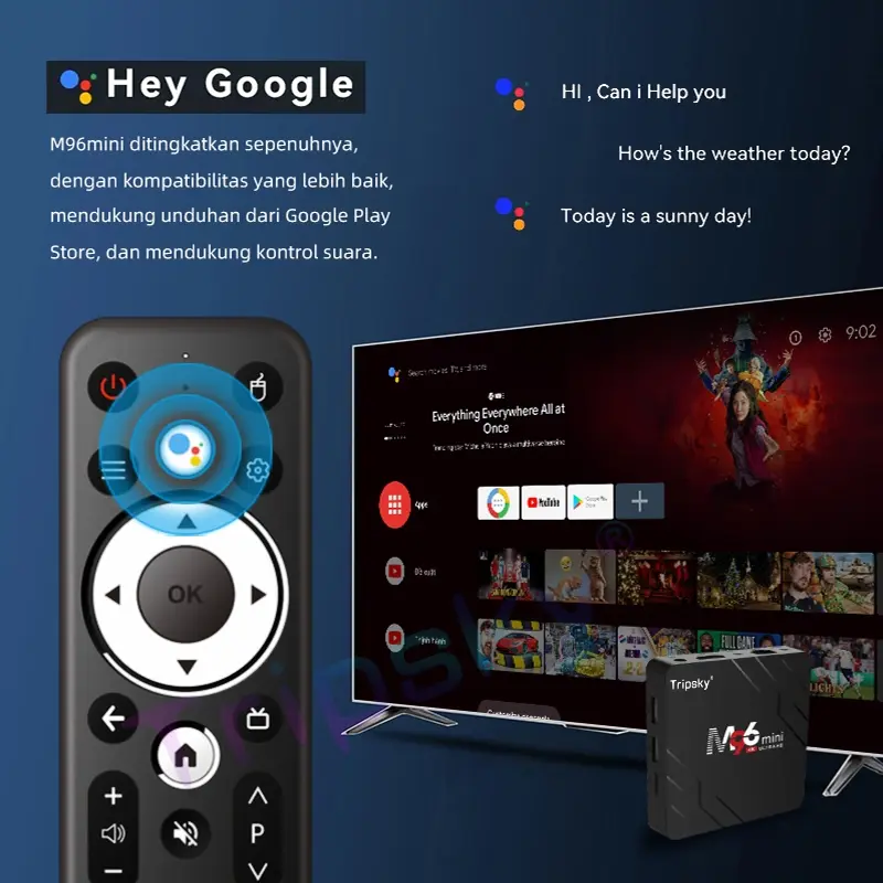 Tripsky android tv box wifi set box tv android M96mini With voice remote control 4GB+32GB ROM TV Set-Top Box Set with WiFi Bluetooth HDMI RCA USB Ethernet support. Support cod Gratis Ongkir Rp0 Pengiriman Gratis. 3