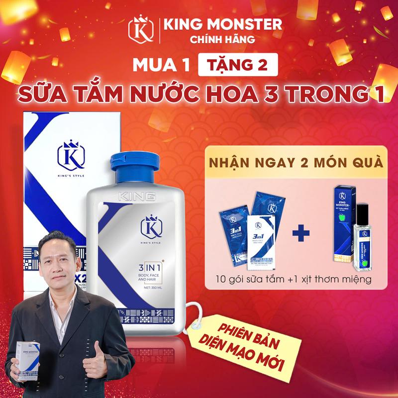Mua 1 Tặng 2 Sữa tắm gội rửa mặt 3in1 KingMonster dung tích 350ml với 5 mùi hương Tặng 1 Xịt Thơm + 1 Dây 10 Gói