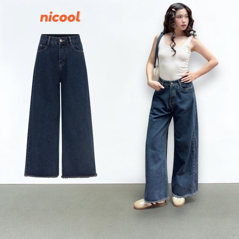 Quần Jean Nữ Ống Suông Rộng NICOOL Lai Phối Tua Rua Quần Bò Trơn Lưng Cao Tôn Dáng Nữ Tính N41-Q66