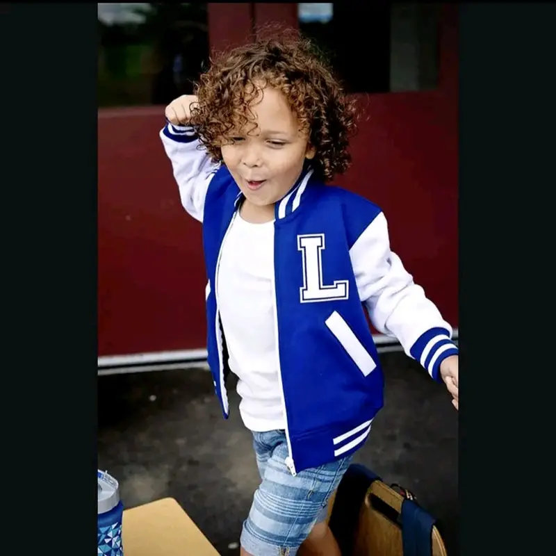 Jaket Baseball Retsleting Anak Logo Inisial L Size 1-12 Tahun Jaket Varsity Cowok Cewek Unisex Bahan Fleece Premium 0