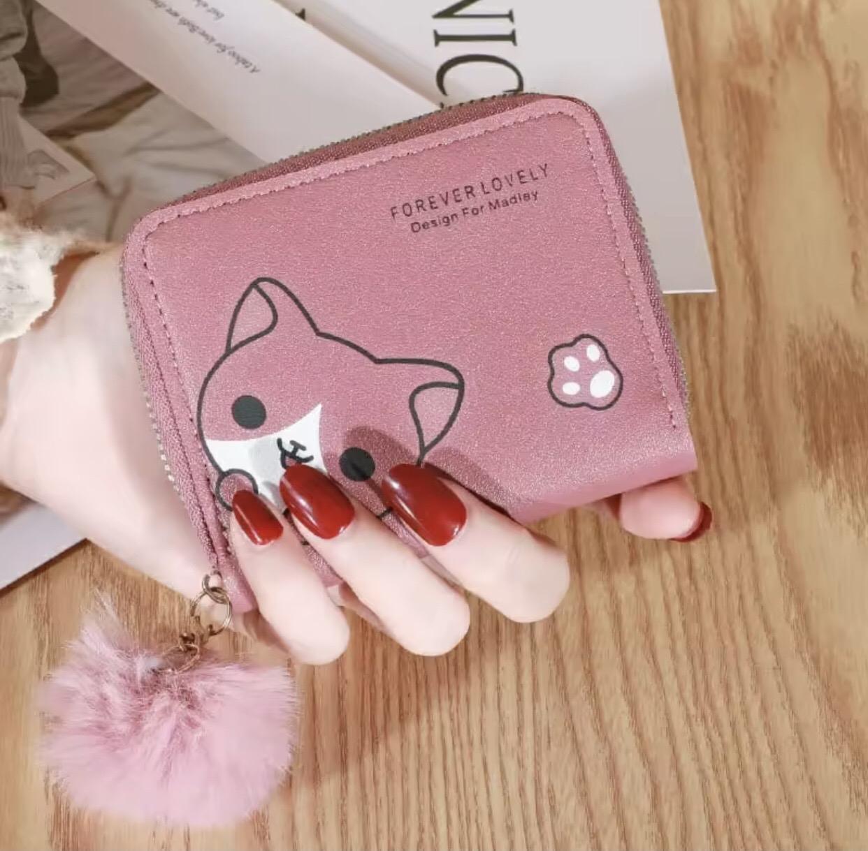 dompet wanita kecil/dompet lucu/dompet miow/dompet pompom/dompet pendek wanita Kulit Hitam