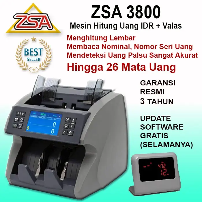 Mesin Penghitung Uang Canggih, ZSA 3800, Membaca & Mendeteksi Rupiah & Valas, Total 26 Mata Uang, Membaca Nominal, Nomor Seri, Deteksi Keaslian Akurasi TInggi | Baru, Original, Garansi Resmi