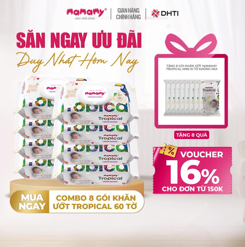 [MUA 8 TẶNG 8] MUA 8 gói khăn ướt Mamamy Tropical 60 tờ không mùi cao cấp chính hãng cho mẹ và bé, sợi vải thuần tự nhiên và rayon, x2 chất chống hăm, bổ sung tinh chất thiên nhiên TẶNG 8 gói khăn ướt Mamamy Tropical mini 10 tờ không mùi