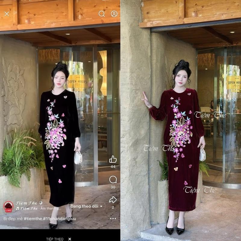 Váy nhung dài tay thêu tú cầu sắc nét dài tay dáng dài