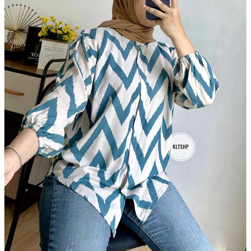 Blouse Oversize Eliza Lengan Balon Katun Rayon Motif Baju Casual Kemeja Blouse Wanita Kekinian Atasan Panjang Cewek Top