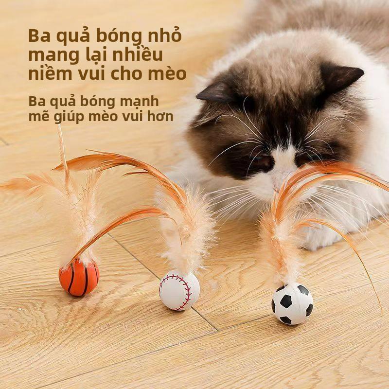 Đồ chơi bóng đàn hồi mới cho mèo, bóng cầu lông đàn hồi có lông vũ, gậy trêu…