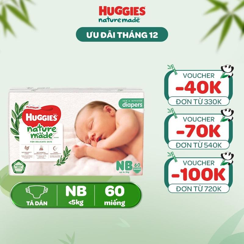  Tã Bỉm dán sơ sinh Huggies Platinum NatureMade Size NB60 S82 M64 L54 XL44 