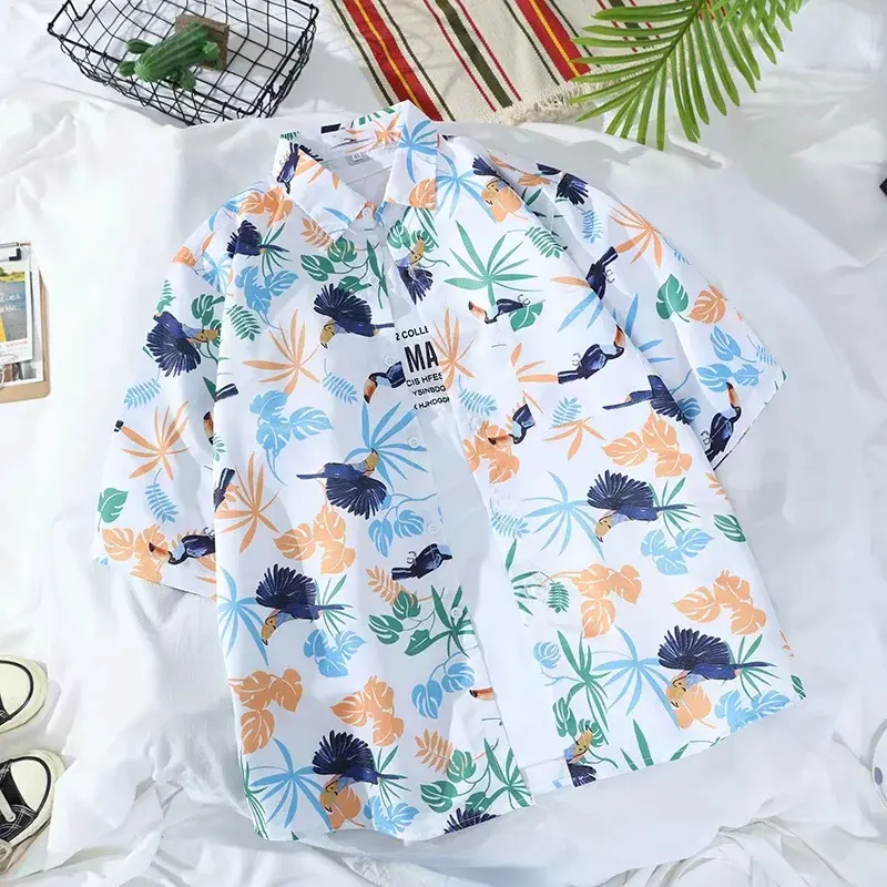 Live unbridled Menswear New Trendy Flower Short-sleeved Loose Beach Tops Men's Student Top Bottoming Shirt ins Fashion