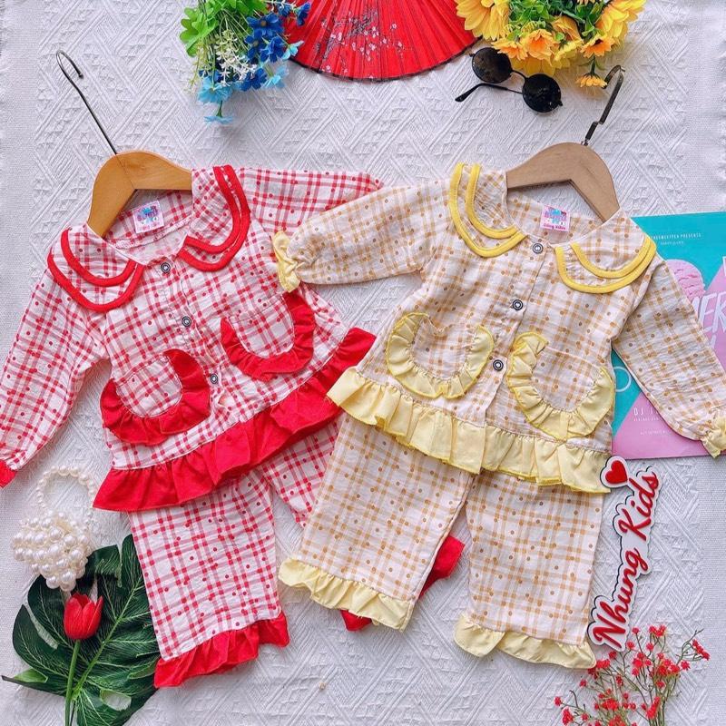 (8-17kg) Bộ dài pijama áo tay dài cổ lá sen, quần dài chất vải cotton cho bé dưới 4 tuổi