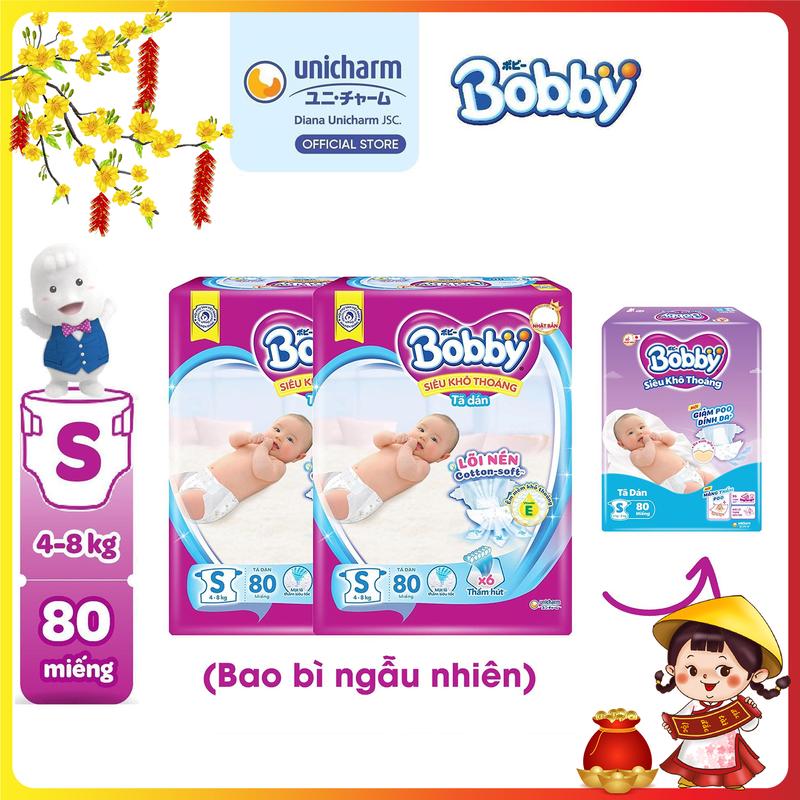 COMBO 2 Bobby Tã bỉm dán S80 Siêu khô thoáng lõi nén cotton-soft cho bé