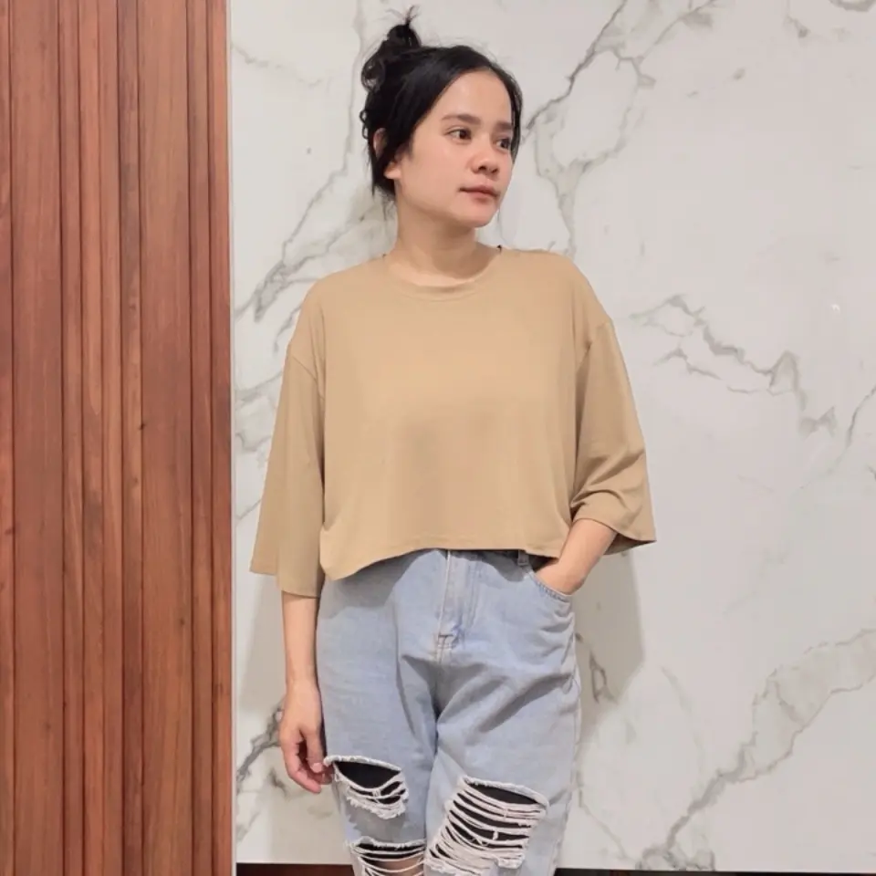 CropTop bahan cotton lembut ld 120 pj 45, lengan nya 3/4 Wanita Atasan Katun Oversize Cewek Kaos Baju Distro Polos Tshirt Combed Pendek Santai Tebal Dewasa