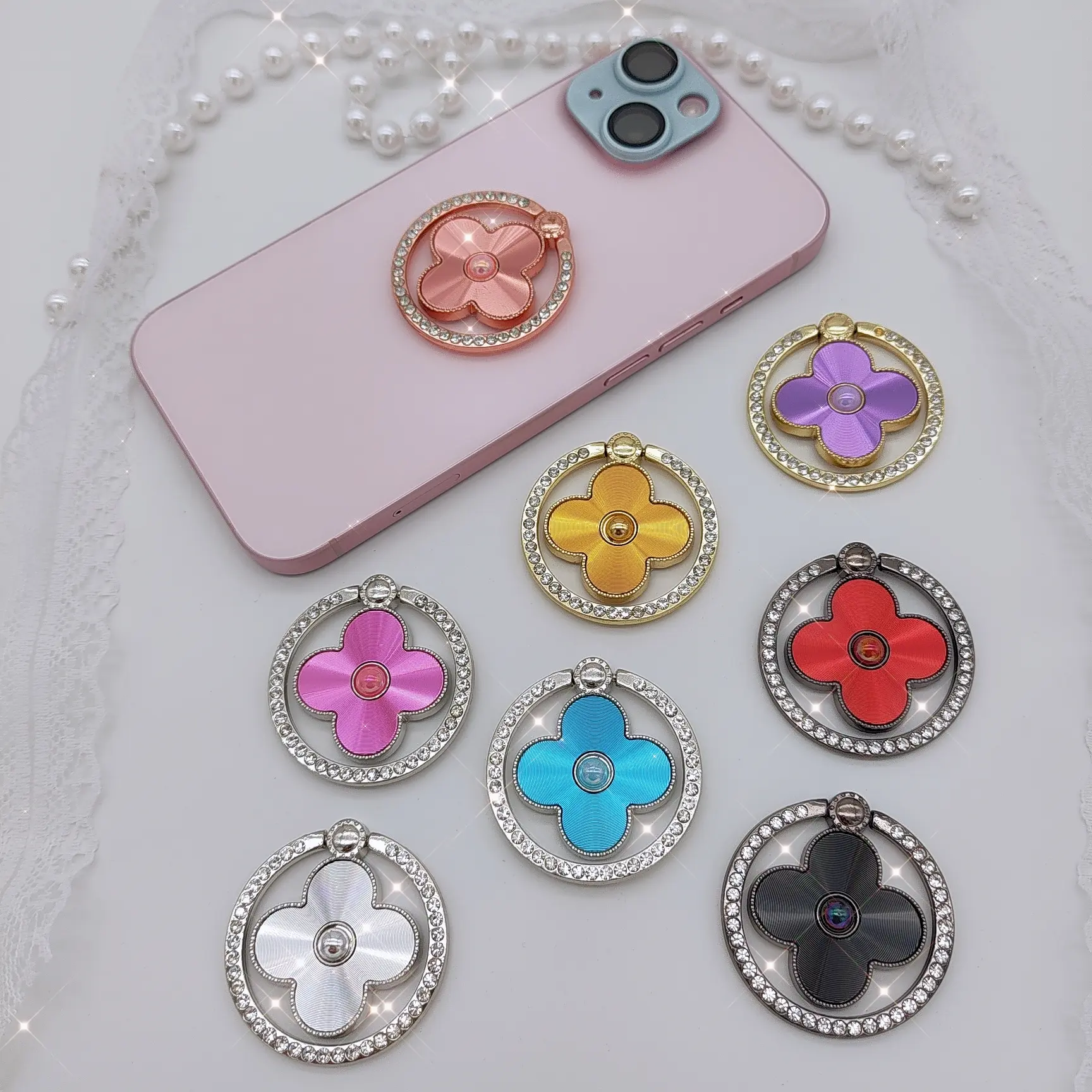 1pc Lucky Clover Glitter Finger Ring Phone Stand Diamond Four Leaf Clover Cell Phone Ring Holder Metal Kickstand Grip Finger Grip For Phones Phone Ring Holder Phone Stand Smartphone Accessories Mobile Mount Portable Shiny