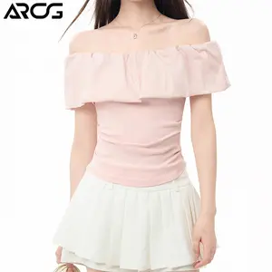 【ARCG】 Merah Muda Kaos Wanita Model Korea Gaya Santai Off Shoulder Elegan Ramping Seksi Kaos Wanita Jalanan