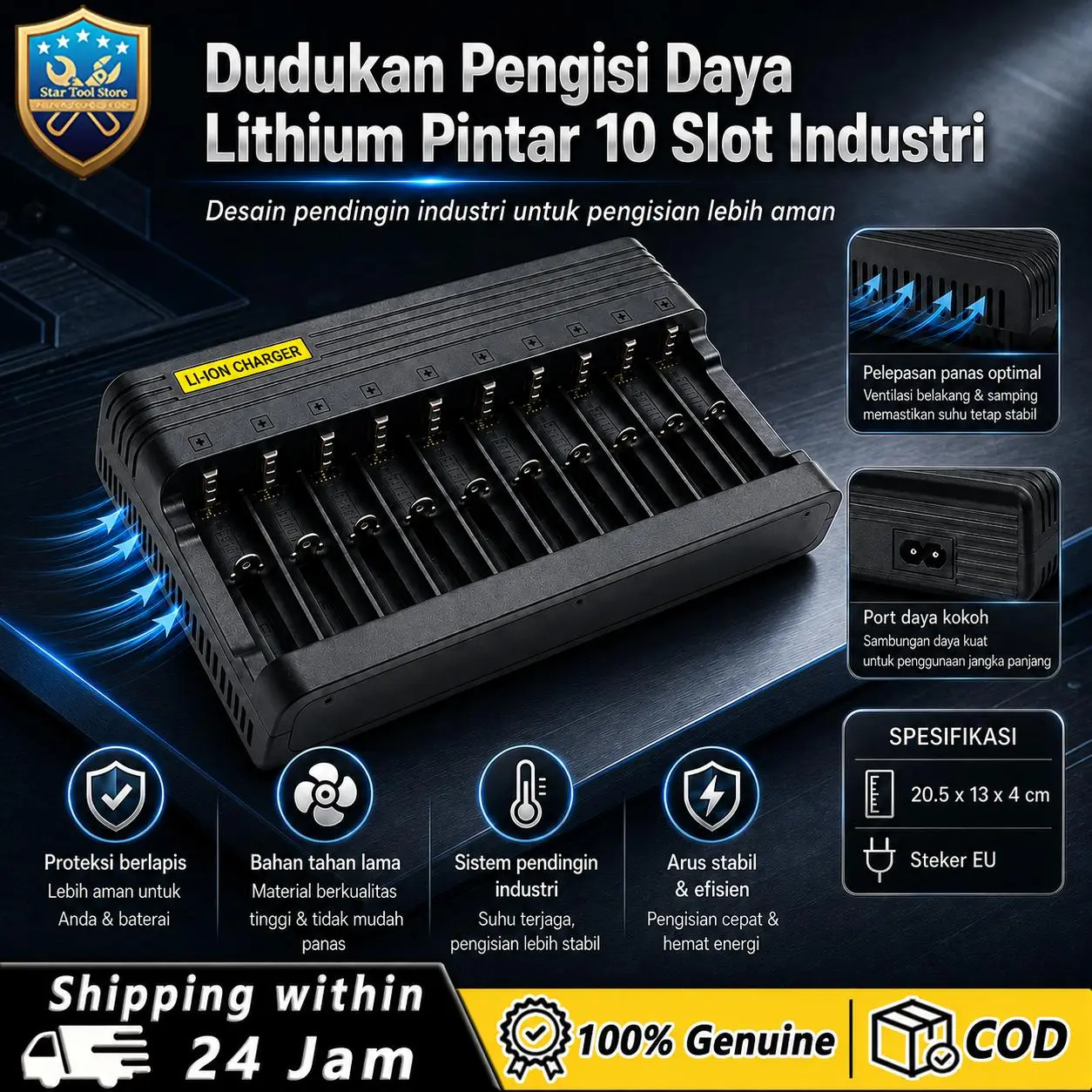 Charger 10 Slot Independen 6 Sistem Pelindung Keamanan Terminal Logam Kuat Anti Karat Tahan Pemakaian Harian Intensif Bengkel Servis