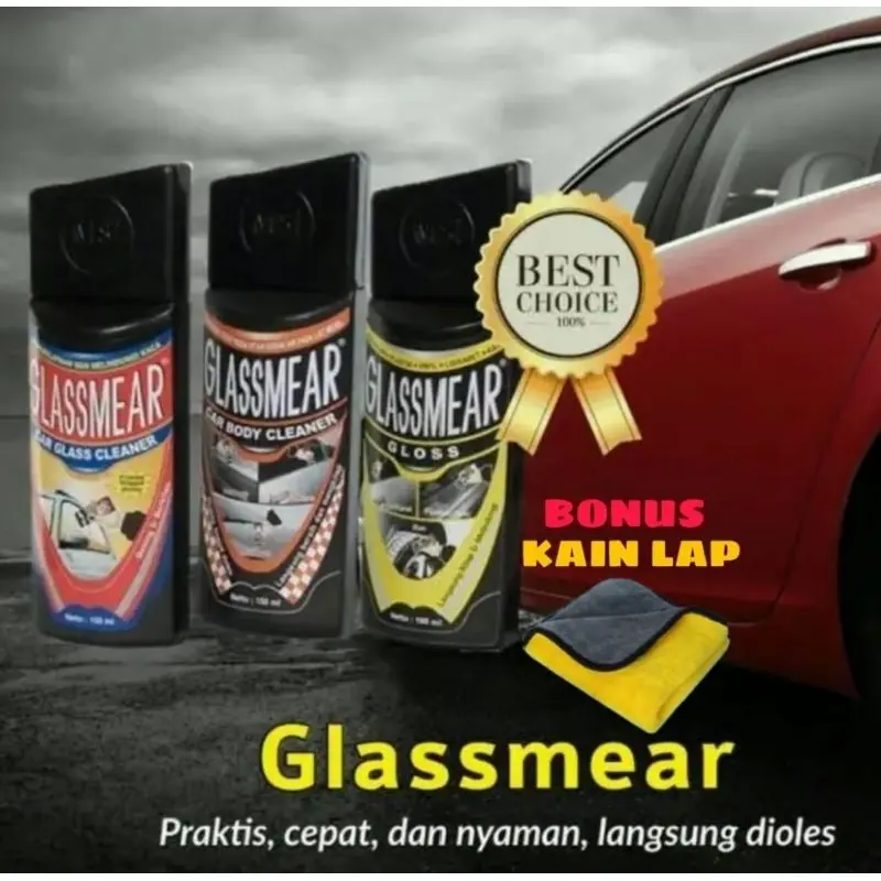 Paket glassmear glass body gloss ban car mobil pembersih jamur kaca 3 botol bonus kain lap microfiber