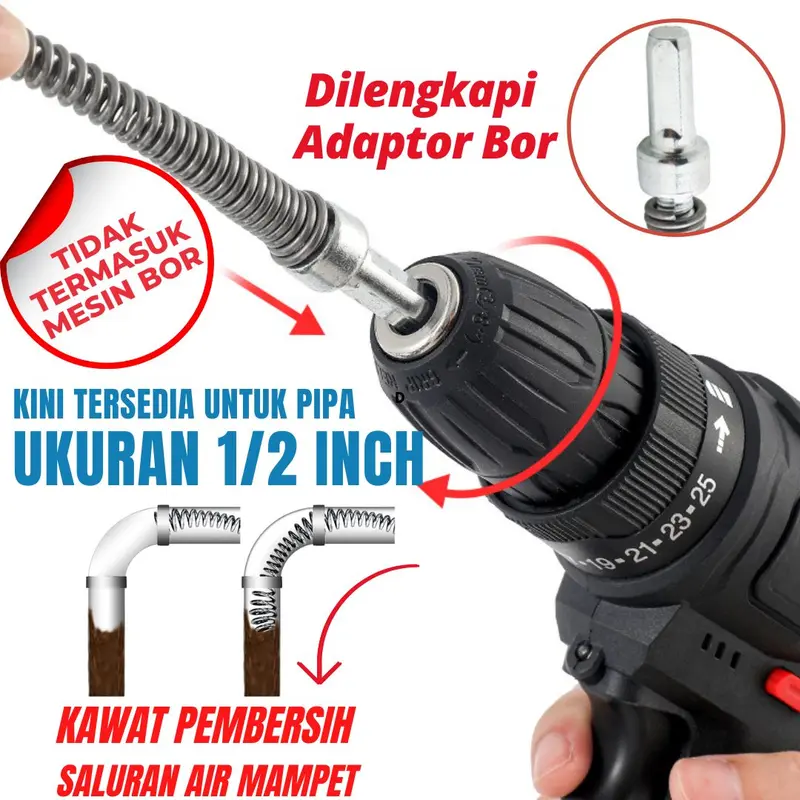 Pipe Cleaner Kawat Pembersih Saluran Pipa Mampet Dengan Adaptor Bor 0
