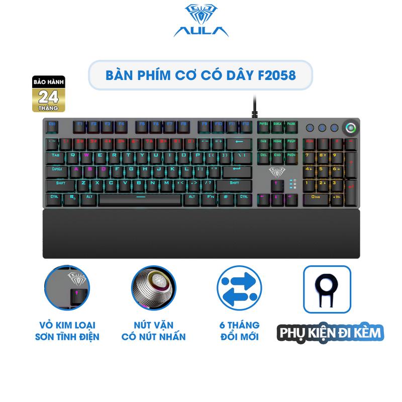 Bàn Phím Cơ Gaming Có Dây AULA F2058 Red Switch Vỏ Kim Loại Led Rainbow Fullsize 104 Phím có Núm Vặn Nút Media Chính Hãng
