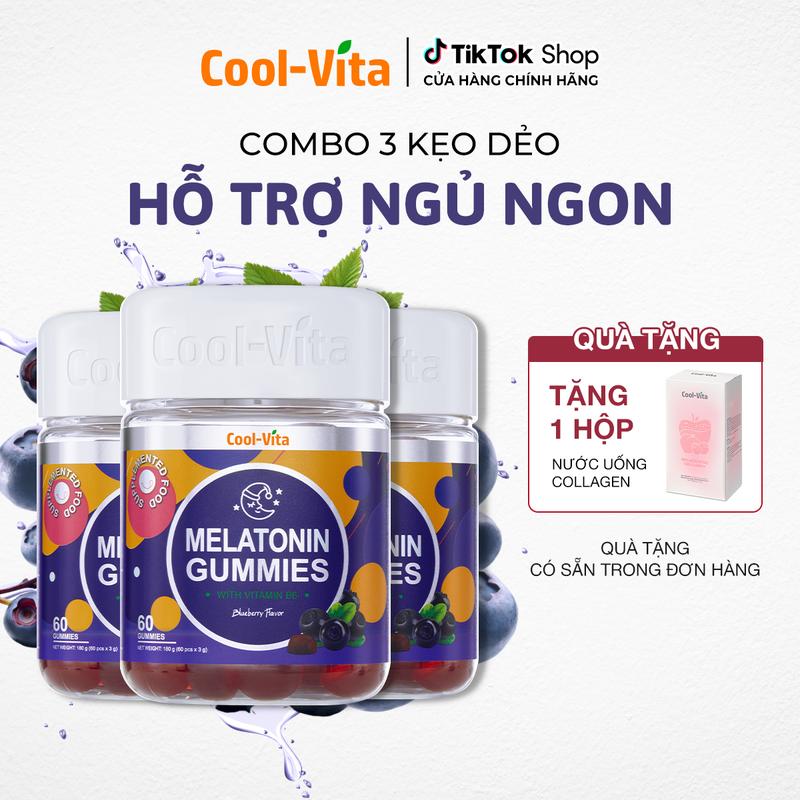Mua 3 tặng 1 Combo 3 Hộp Kẹo Dẻo Melatonin Hỗ Trợ Giấc Ngủ Ngon Sleep Well Gummies & Hỗ Trợ Giảm Căng Thẳng Vị Việt Quất Kết Hợp Vitamin B6 Coolvita – 60 viên x 3g hộp Tặng ngay 1 Hộp Nước uống Bổ Sung Collagen 7 túi
