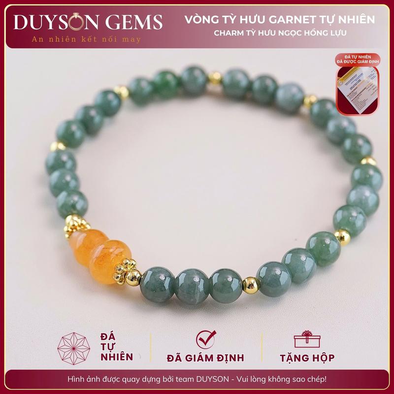 Vòng tay chuỗi Ngọc_Phỉ_Thúy Type A tự nhiên mix charm hồ lô Thạch anh vàng Duyson Gems