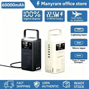 Manyrare 60000mAH Ultra Capacity Power Bank 22.5W Fast Charging Built-in 4 Cables Outdoor Portable LED Light Hitam Plastik Powerbank Putih