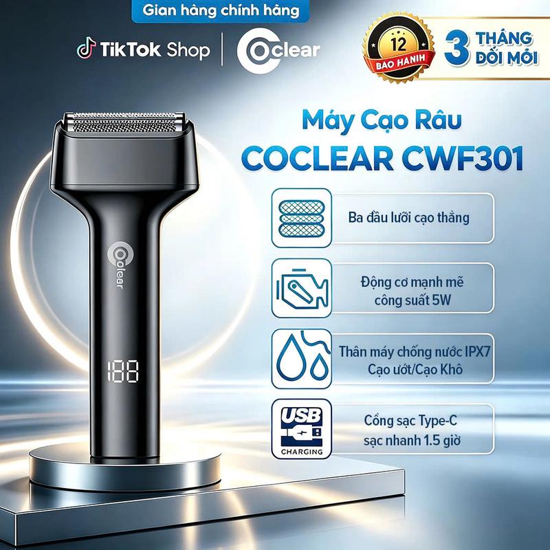 Máy cạo râu 3 lưỡi thẳng Coclear CWF301 thân máy kháng nước IPX7 sạc nhanh 1,5…