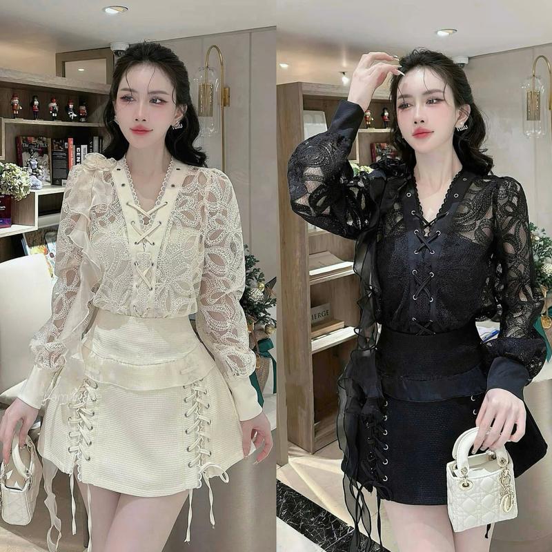 Set BIGSIZE 4 món Chân Váy + Áo Thêu Hoa + Áo  Ống + Hoa Cài Rời  đi chơi, đi tiệc, đi làm dễ thương, thanh lịch phom che khuyết điểm- chân váy có lót quần bên trong - Ú XINH STORE - S71 (Ren Thêu Mắc Cáo)