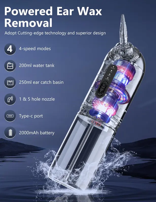 VITCOCO Ear wax Removal Kit, 2000mAh Rechargeable Electric Water Powered Ear Cleaner, Ear Irrigation Ear Cleaning Kit with 4 Cleaning Modes, 10 Reusable Ear Tips, Ear Flush Kit for Adults Home Use 1