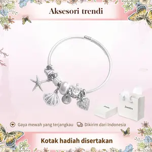 Gelang Wanita Simbol Cinta Pantai Kerang Bintang Laut Lapis Rodium Gelang Elastis Anti Karat Hadiah Anniversary Romantis Bracelet Charm Fuji