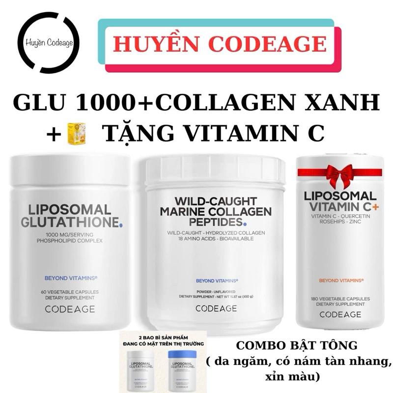  Combo9   BẬT TÔNG DA NGĂM  1 Hộp Liposomal Glutathione 1000mg Codeage  60 viên  và 1 Hộp Collagen Marine Peptides Codeage  450g   Tặng 1 Hộp Vitamin c - Thực Phẩm Bổ Sung- Huyền Codeage dha trắng 