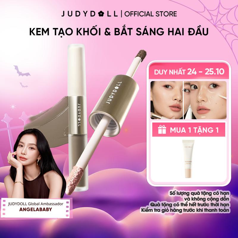 JUDYDOLL Kem Tạo Khối & Highlight 2 Đầu Tiện Lợi Dễ Dùng Lâu Trôi 12H Liquid Highlighter & Contour Duo 4,8g