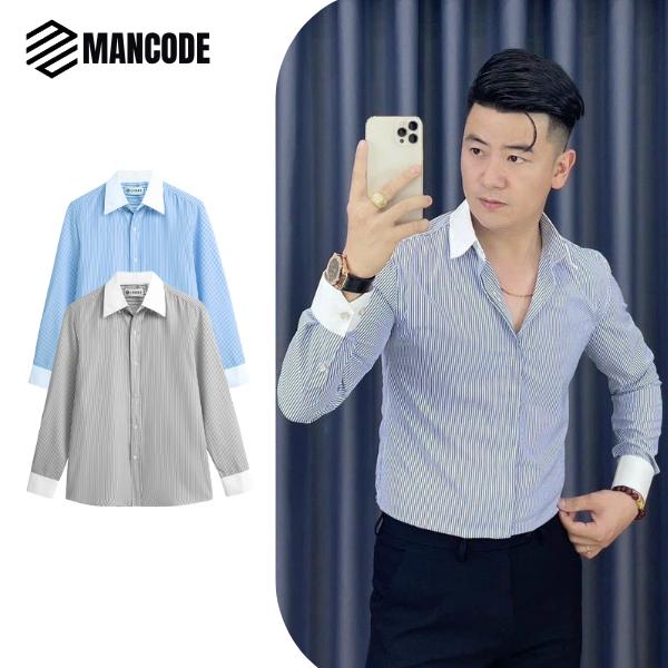 Có Bigsize Áo Sơ Mi Nam MANCODE Kẻ Sọc Thiết Kế Phối Cổ Trắng Dáng Slimfit Hàn Quốc SM18 Shirt Menswear