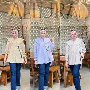 Aneeza Kemeja Blouse Wanita Top Atasan Kancing Lengan Panjang Kerah Layer Katun - Allura.id