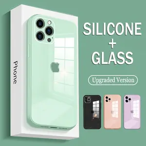 With Logo Macaron Color Tempered Glass Hard Anti-Fall Phone Case for iPhone 16 15 14 Pro Max Plus 13 12 11 Pro Max X XR XS Max 8 7 Plus Solid Color Silicone Add Glass Phone Cover Casing Shell with Full Cover Camera Protection