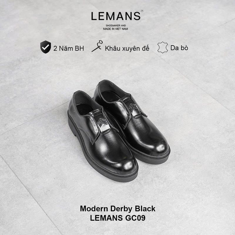 Giày Derby không dây nam Lemans màu đen GC09.3 - Da bò - Đế cao su đúc tăng cao 4cm - BH 12T