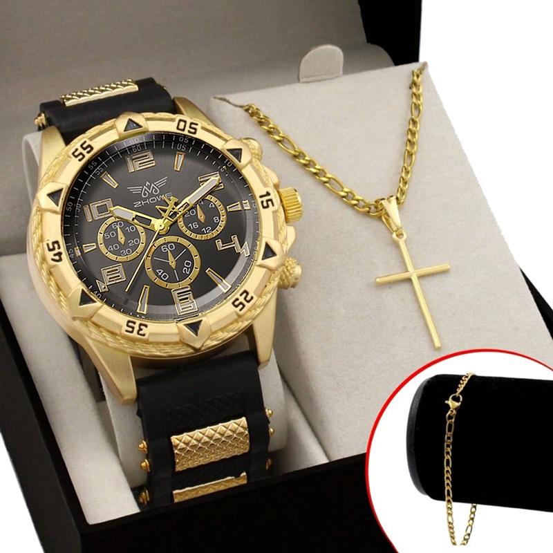Bộ Đồng Hồ Nam Thời Trang Và Thường Ngày Với Vòng Cổ Và Đồng Hồ Thạch Anh Mạ Vàng Thiết Kế Chữ Thập
