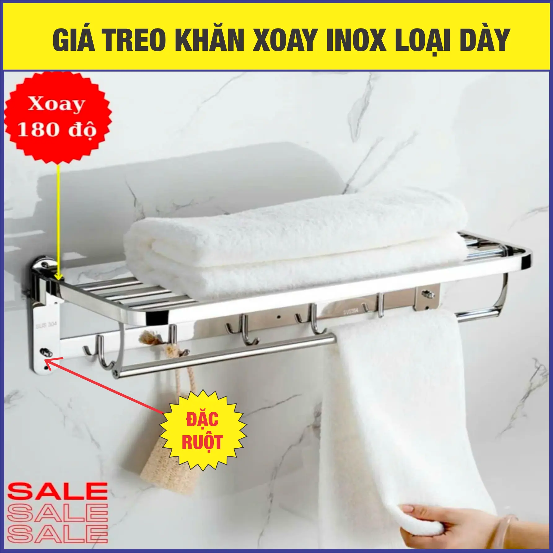 [LOẠI I -DÀY] KỆ GIÁ TREO KHĂN INOX xoay gập đứng được - Đế vít tường loại đặc, dày, chịu lực tốt, kệ treo khăn tắm, thiết bị nhà tắm A1