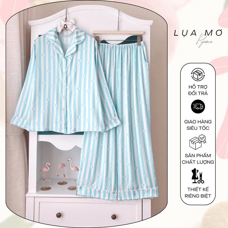Pijama Tiểu Thư Tay Dài Form Truyền Thống Họa Tiết Sọc Hồng Vải Lụa Latin Cao Cấp - Đồ bộ Lụa Mơ LM204