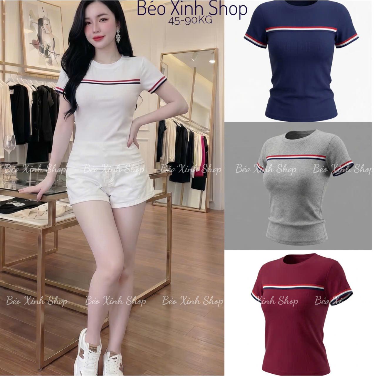 (Fom Ôm Body) Thời Trang Bigsize Áo Thun Nữ Phối Sọc Ngang Trẻ Trung Vải Thun Gân Tăm Co Giãn Bigsize 45 - 90Kg Dễ Thương Top Nữ Women - A.1794