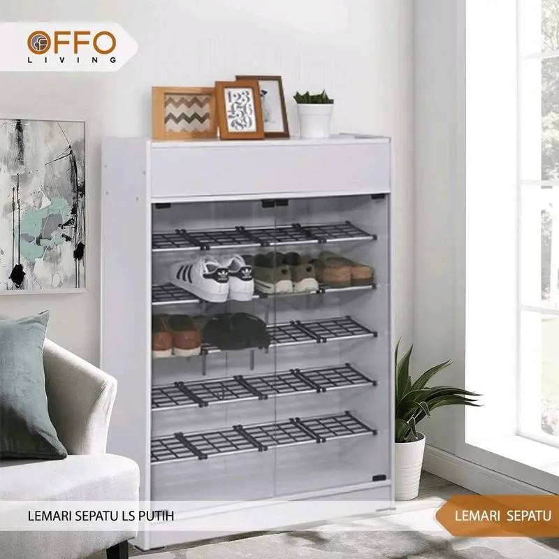 Offo Living - Lemari Sepatu Kaca Putih Minimalis Rendah