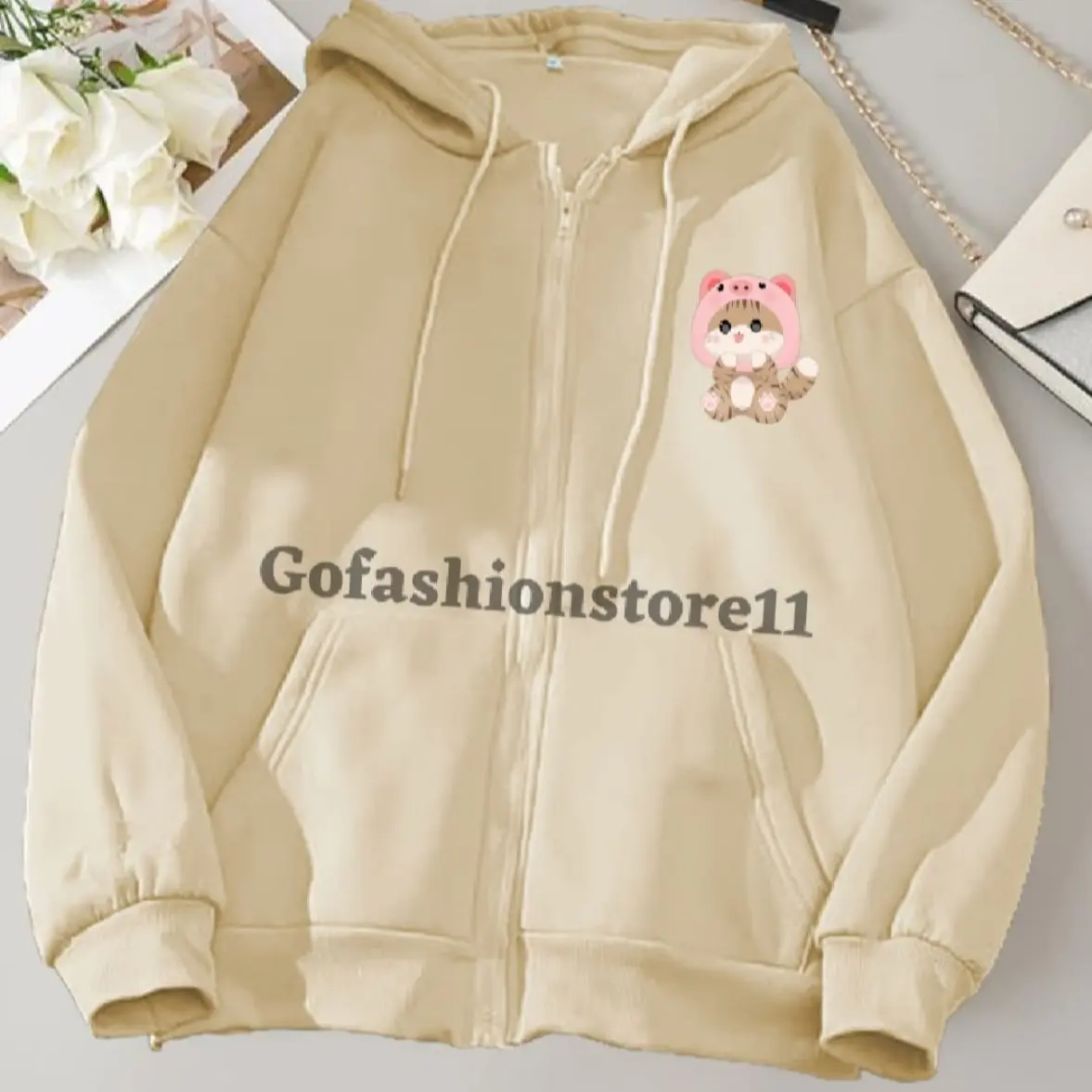 Hoodie zipper wanita korean style Cat Pig size L XL XXL 3XL 4XL hoodie resleting wanita tebal hoodie wanita resleting depan Bisa COD-GFR
