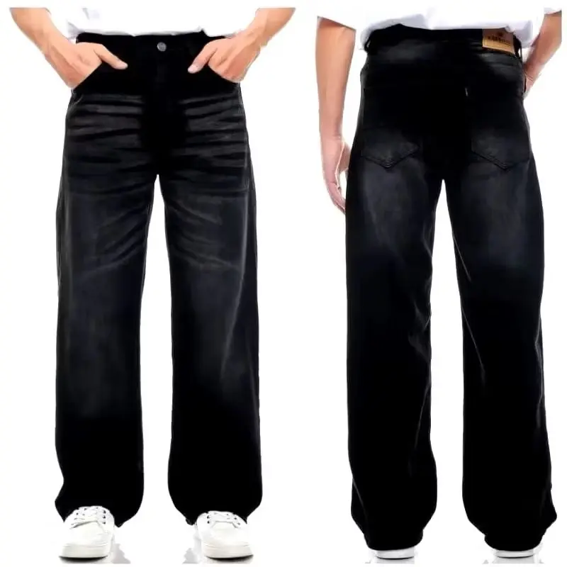 Celana Jeans Wide Leg Wisker Lebar Gombrong Skena Black Wisker pria loose fit jumbo big keren Bahan Denim Unisex Panjang Hitam Straight Denim 13 OZ Non Skinny - Oversize 4