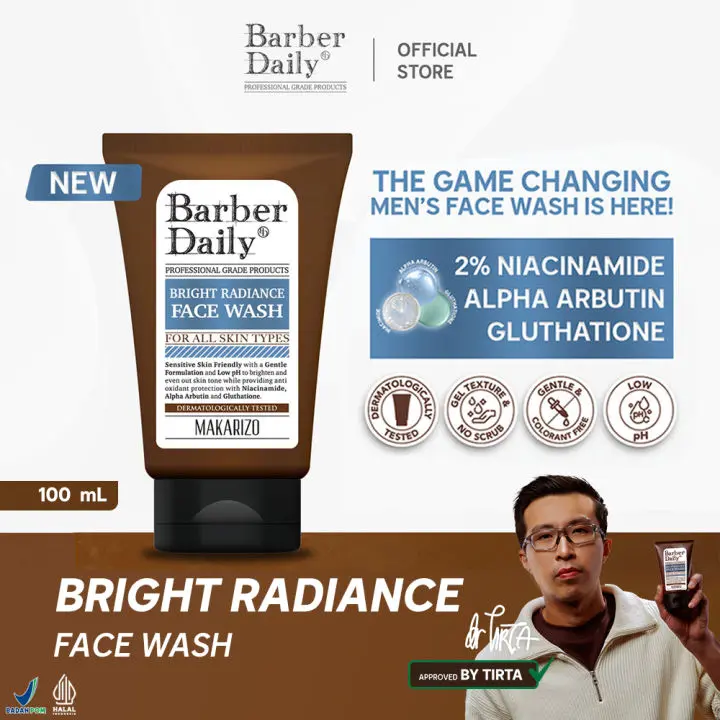 Barber Daily Bright Radiance Face Wash 100mL dengan 2% Niacinamide Alpha Arbutin & Glutathione untuk Mencerahkan Kulit Pria - Soap, Pencerah