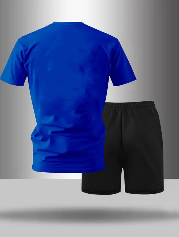 Men's Letter Print Tee & Drawstring Waist Shorts Set, Regular Fit Round Neck Short Sleeve T-shirt & Track Shorts, Casual Summer Clothes for Outdoor 8