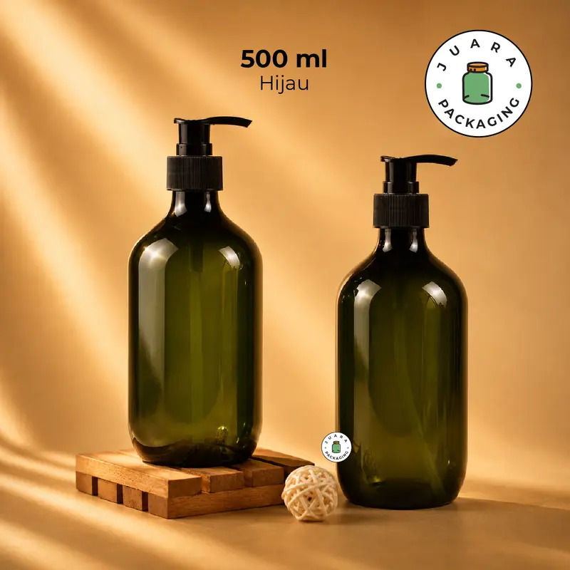 Botol Pump Plastik PET 500ml Warna Hijau Botol Kosmetik Tebal – Wadah Isi Ulang Sabun, Shampo, Lotion, Skincare, Botol Pump Shower Refill Ramah Lingkungan 500 ml